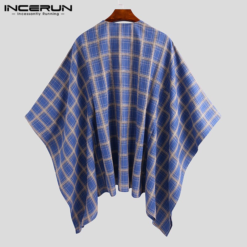 INCERUN, camisa Vintage para hombre, capa a cuadros, puntada abierta, ropa informal suelta, prendas de vestir exteriores , Kimono, Tops, cárdigan de capa Irregular para hombre