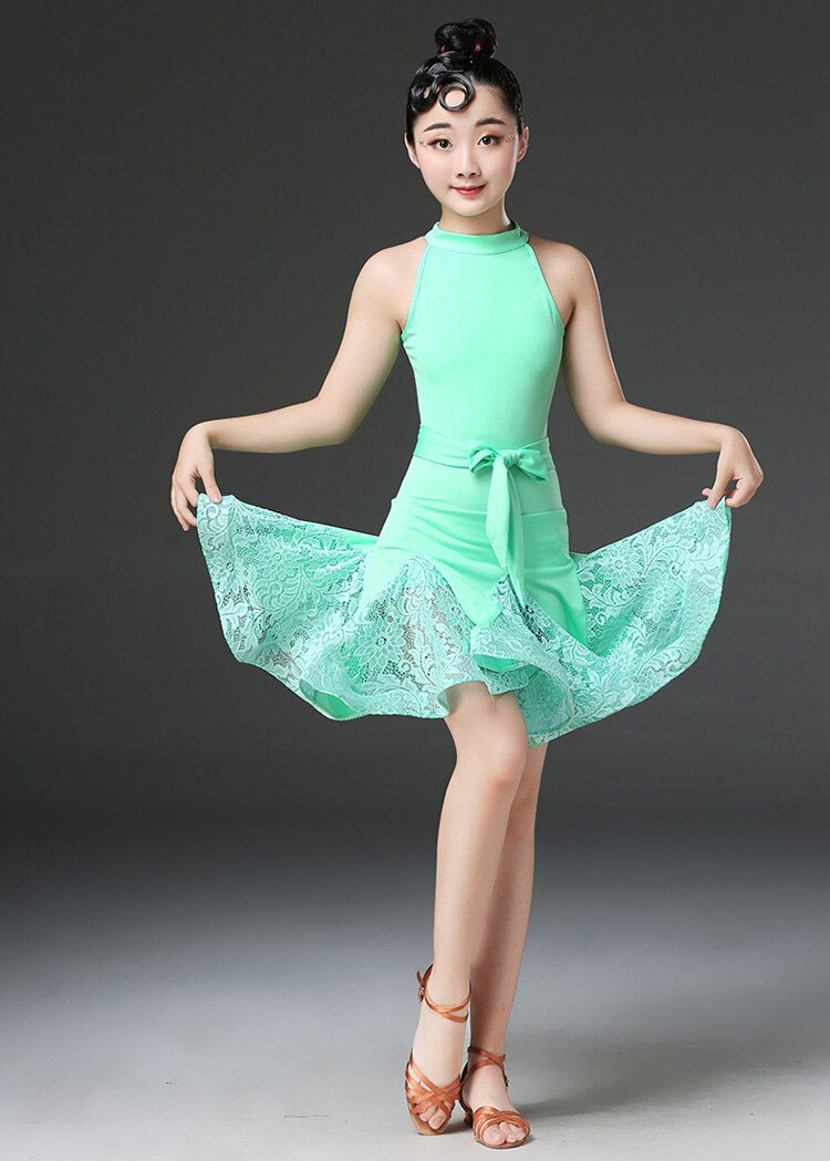 Lace Latin Dance Dress For Girls Child Salsa Tango Ballroom Dancing Dress Competition Costume Kids Practice Dance Clothes: Green / 130cm(120cm-130cm)