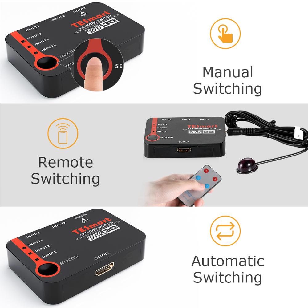 HDMI Switch, TESmart Intelligent 3x1Port HDMI Switch/Switcher, Splitter, Supports 4K, Full HD1080P, 3D with IR Remote