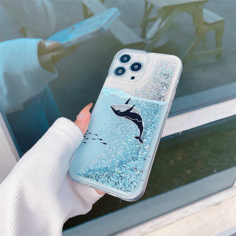 Glanzende Sparkles Drijfzand Case voor iPhone 13 14 Pro Max Cover Shark Dolphin El Iphones 16 15 15 Pro Funda Vloeibare Carcasa Zachte Romp: Voor Iphone13 (6.1 ") / Beige