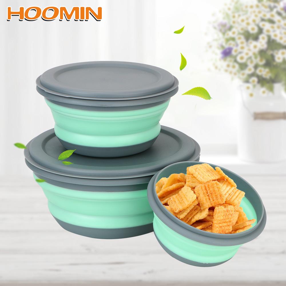 Foldable Salad Bowl Folding Lunch Box Tableware Set Bowl Sets with Lid Food Container 3Pcs/Set Portable Folding Bowl Silicone