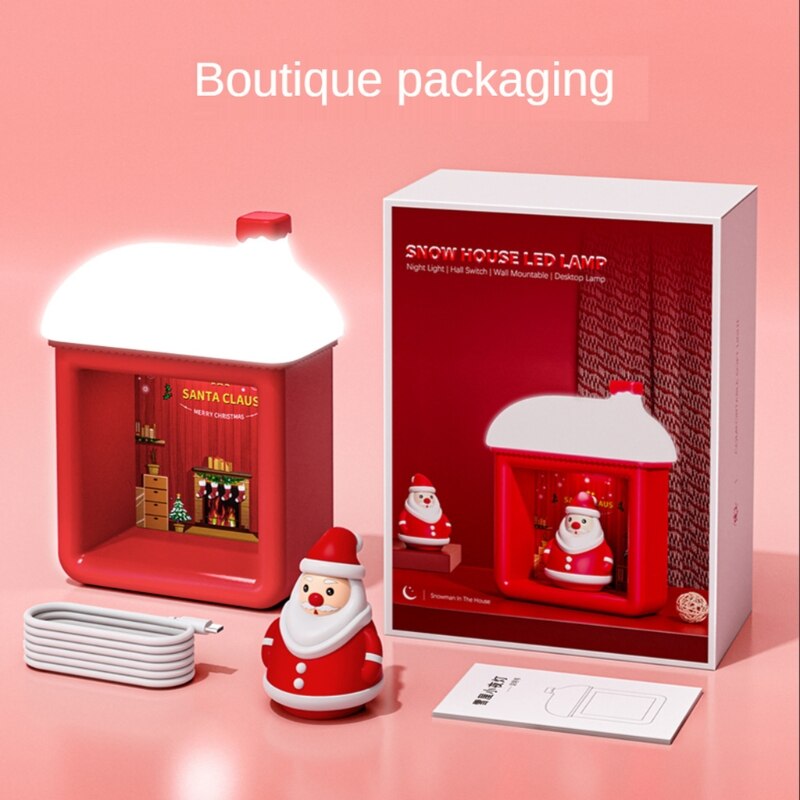 Sneeuw Huis Led Lamp Leuke Cartoon Santa Sneeuwpop Kitty Pop Usb Oplaadbare Wall Mount Tafel Nachtlampje Kerst Decor