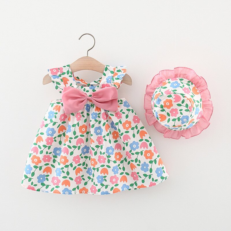 2 pezzi 2022 abiti estivi per bambina coreana carino fiocco senza maniche in cotone Baby Princess Dress Sunhat Newborn Clothes Set BC2180: A / 6(0-6M)