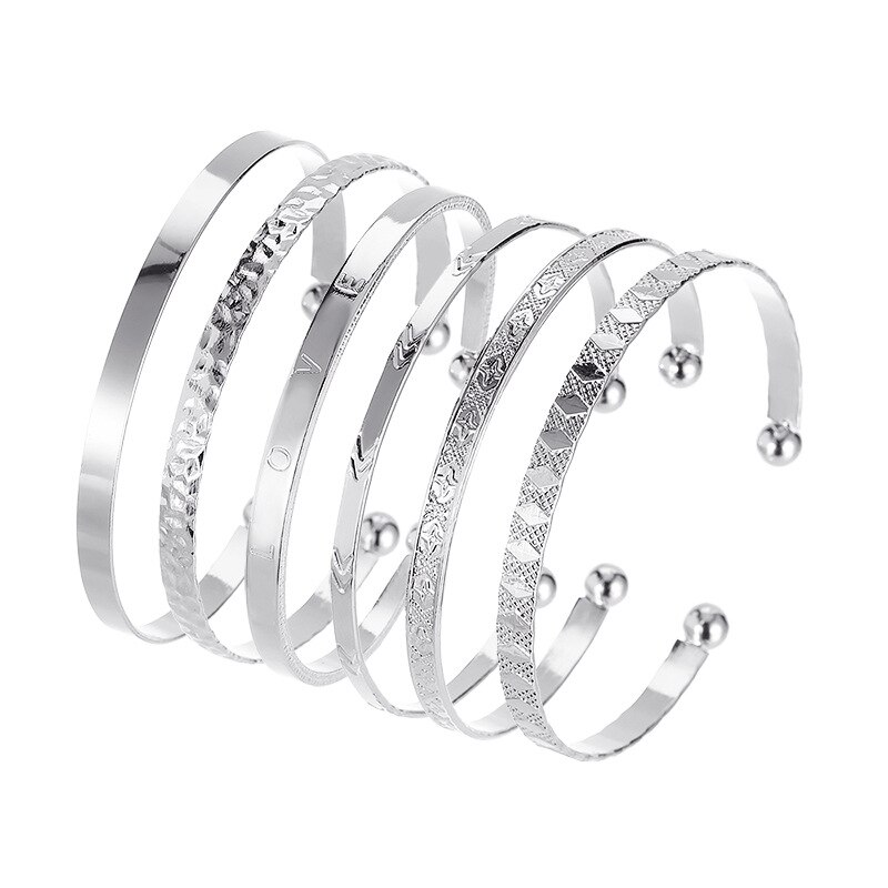 6 Stks/set Boho Vintage Gold Geometrische Gesneden Pijl Ronde Brief Armband Set Strand Mode Armbanden Voor Vrouwen Sieraden: Silver