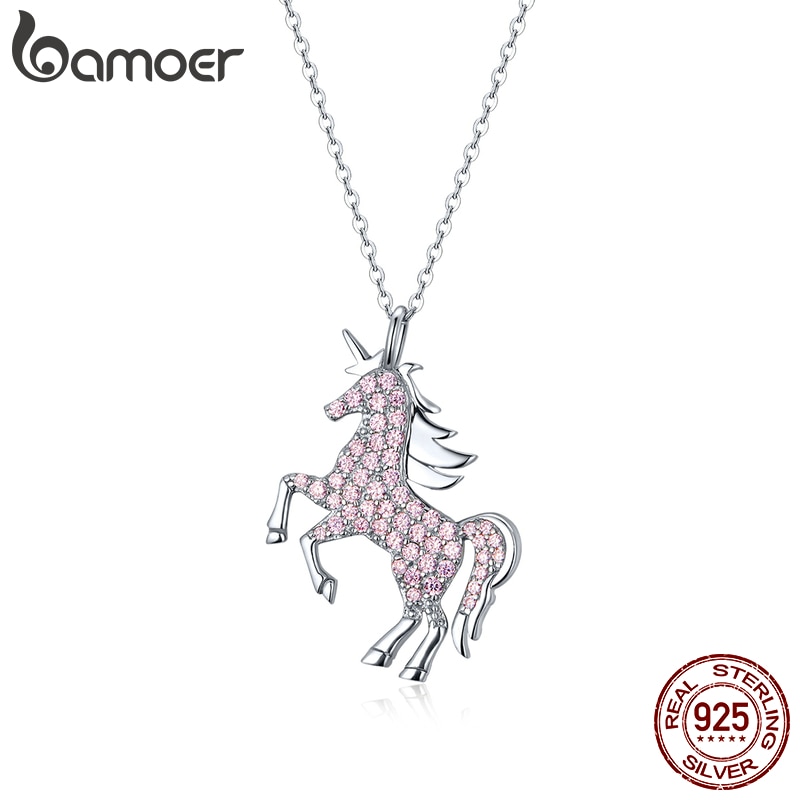 bamoer 925 Sterling Silver Jewelry Sets Pink Licorne Pendant Necklace for Women Chain Necklaces Earrings Wedding Jewelry ZHS187