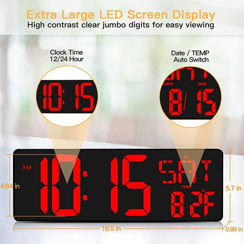Reloj de pared Digital grande con Control remoto, pantalla LED grande de 16,5 pulgadas, para el hogar, la Oficina y el aula, enchufe europeo