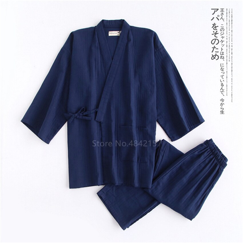 Traditionelle japanske mænd kimono yukata bomuld fritidshjem badekåbe mænd afslappet solid pyjamas nattøj samurai tøj sæt: Flåde / M