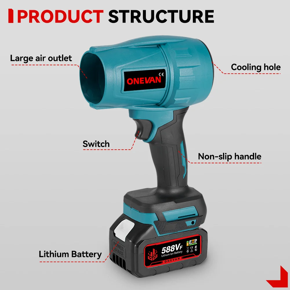 ONEVAN – ventilateur à Jet Turbo sans balais 200 M/S, 2000W, souffleur d'air électrique portatif sans fil, outil de dépoussiérage et de neige pour batterie Makita 18V