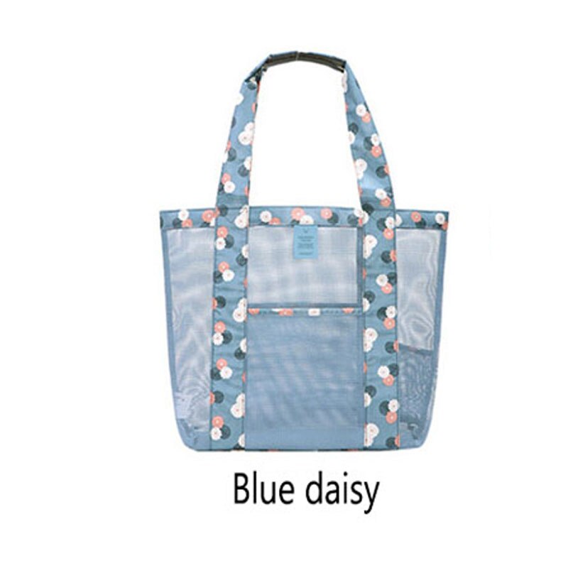 Casual Vrouwen Bloemen Grote Capaciteit Tote Polyester Schoudertas Boodschappentas Opengewerkte Mesh Strand Tassen Casual Tote Feminina: Blue daisy