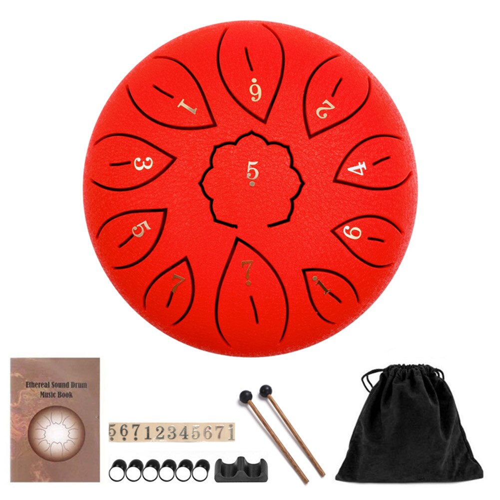 Tambor de lengüeta de acero y titanio de 6/8 pulgadas, tambor de ritmo etéreo, 11 notas, tono F, mano de percusión, tambor Pan Tang,: Red