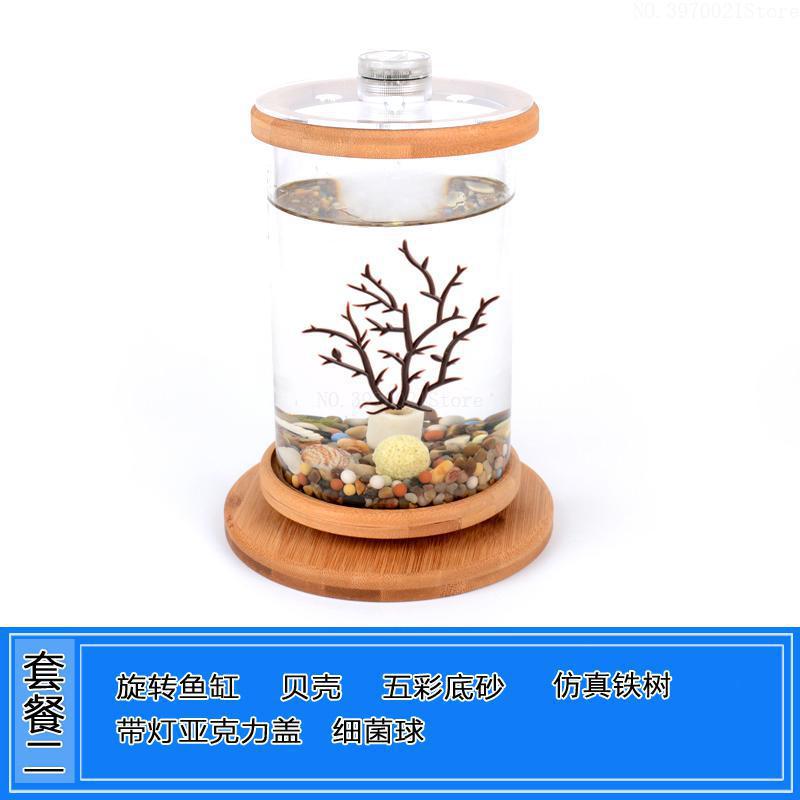 Fish Tanks Mini Desktop Aquaponic Aquarium 360 Rotating Ultra-clear Glass Fish Bowl with Non-slip Wooden Base Lid: 3
