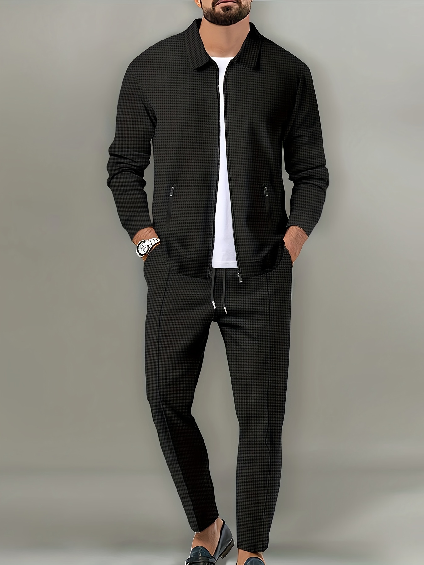 Chaqueta ajustada con bolsillo de cremallera para hombre, ropa deportiva de manga larga, conjunto de chaqueta de cárdigan, pantalones largos, , conjunto de dos piezas