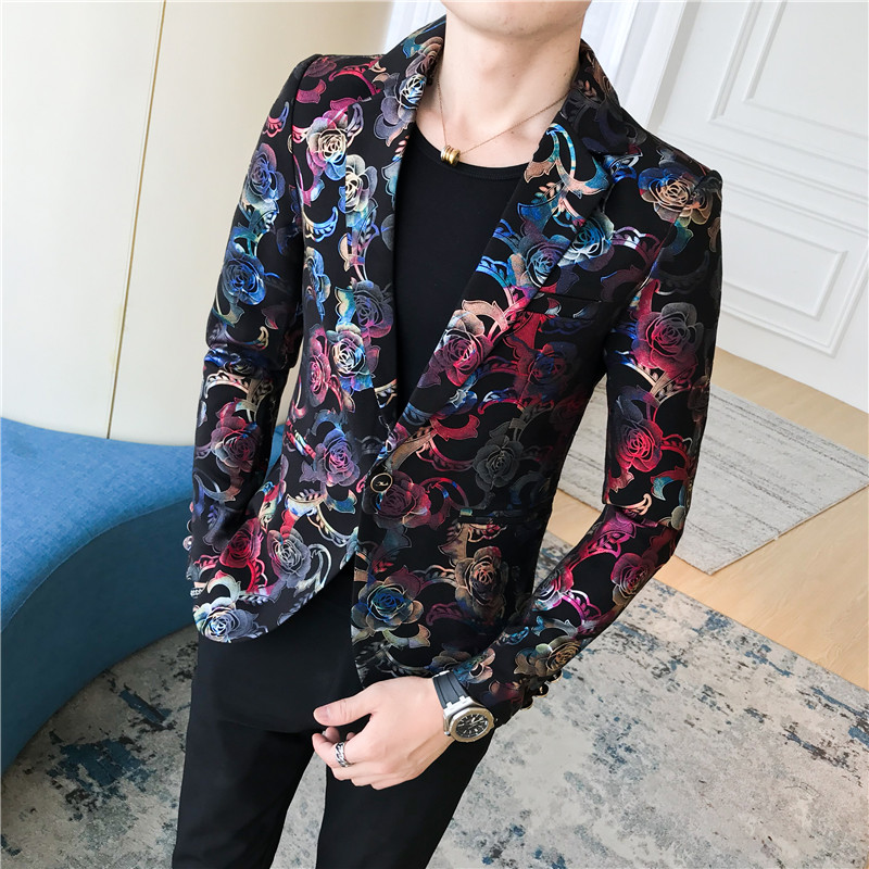 Herr guldpläterad blommig kostymjacka herr slim terno masculino trend sångarklänning jacka herr kavaj med enkel knapp: Hetstämpling / Xl