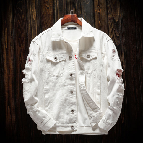 Chaqueta vaquera holgada de manga larga para hombre, abrigos con agujeros, color blanco, para primavera y otoño