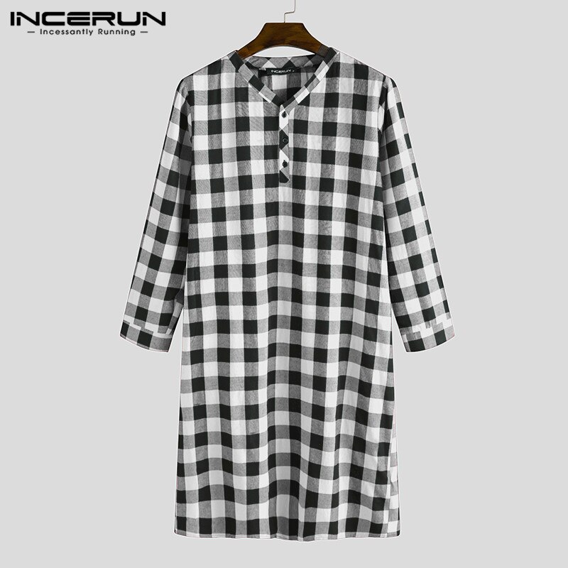 Plaid Men's Sleep Robes Homewear Soft Loose Long Sleeve V Neck Button Long Pajamas Leisure Men Nightgowns S-5XL INCERUN