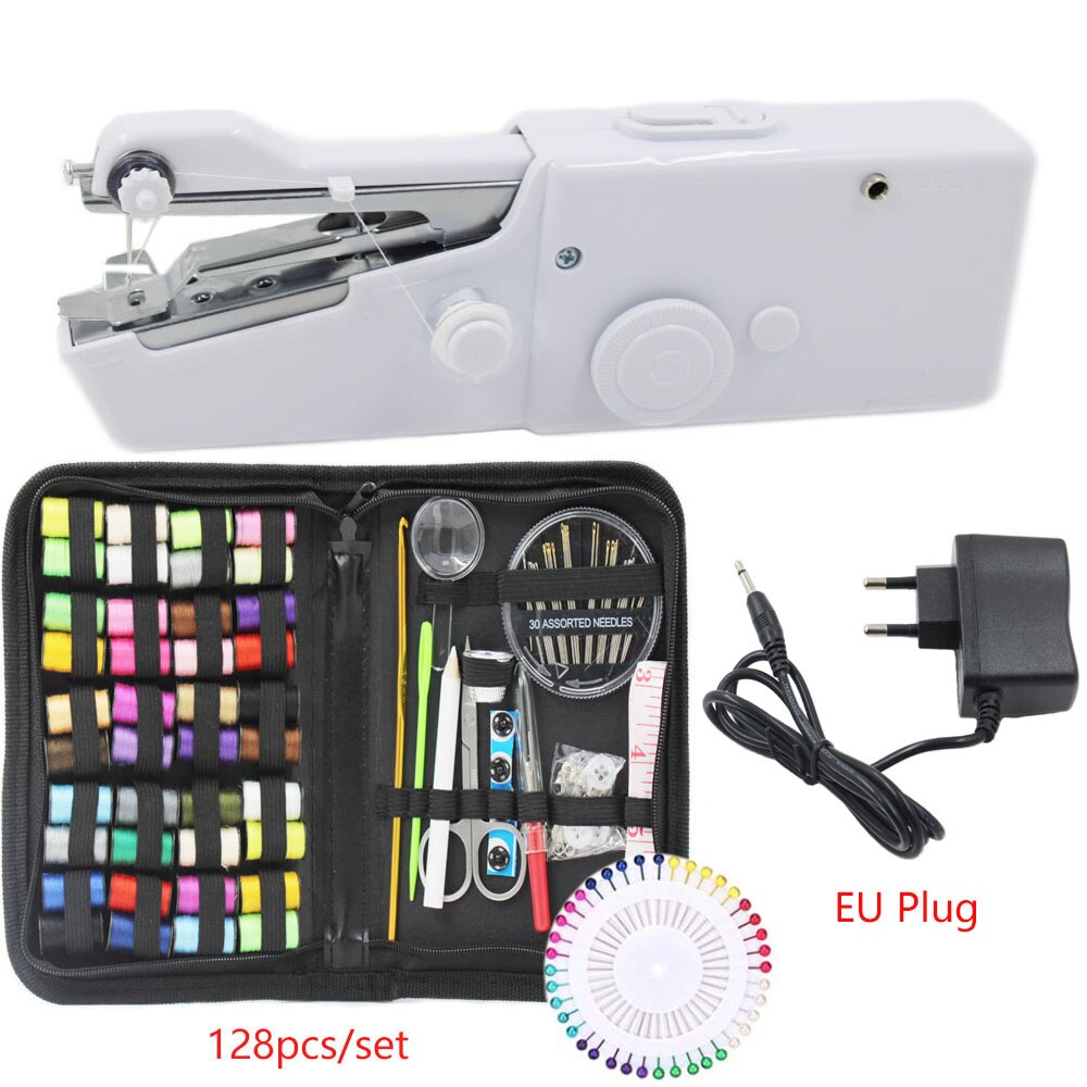 Portable Mini Hand Sewing Machine Handy Stitch Sew Needlework Cordless Clothes Fabrics Electric Sewing Machine with Sewing Kits: Set 3