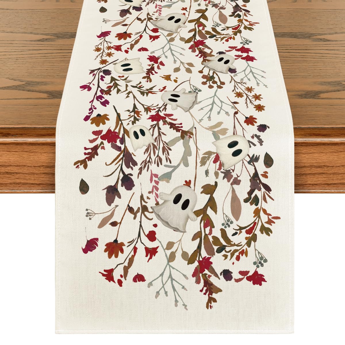 Spökblommor löv halloween bordslöpare, säsongsbetonad höst kök matbordsdekoration för hemfestdekor: 30*220cm / Vit