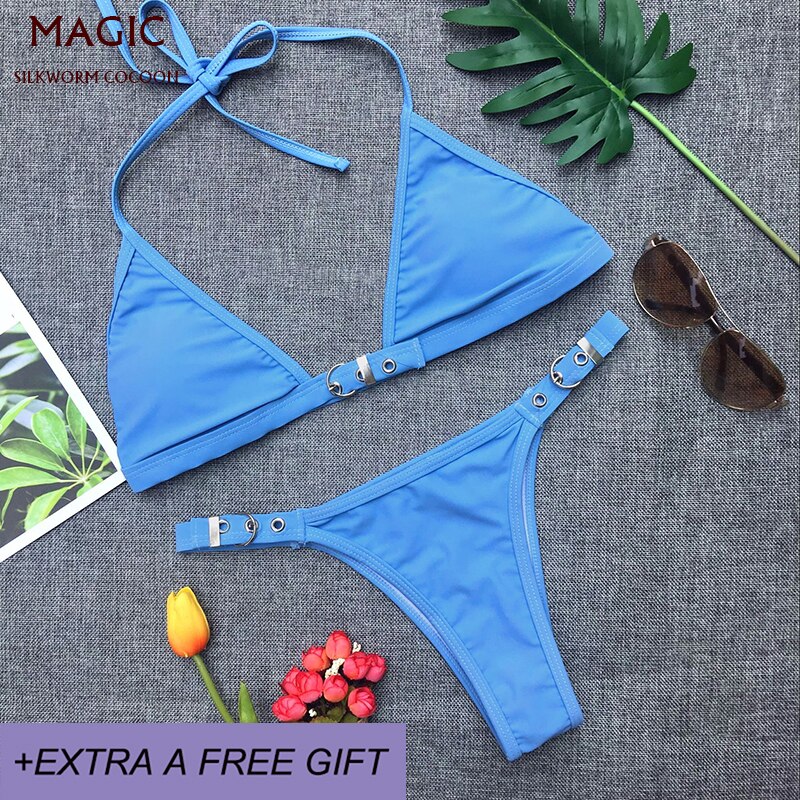 4 colors women bikini set beach chest adjustment buckle swimwear female swimsuit Low waist swimming suit blue bathing suit: Blue / S