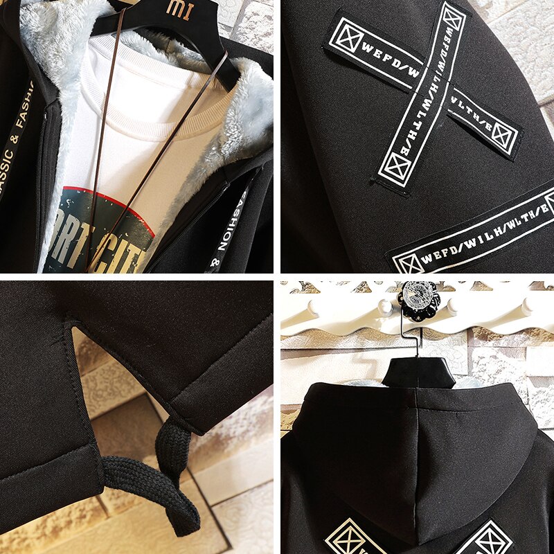 Fleece Winter Jacket Men Printed Japanese Hooded Long Trench Coat Black Hip Hop Streetwear Thick Jacket Mens Windbreaker Coat