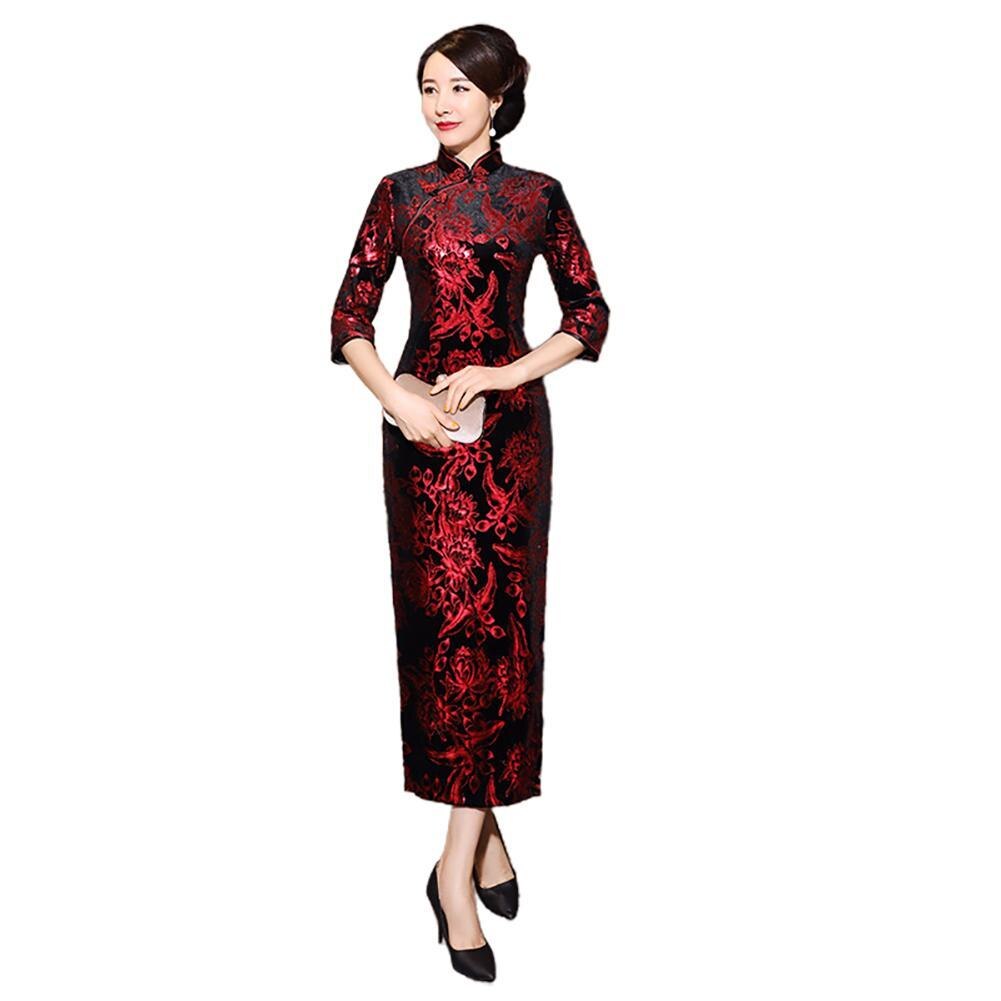 Vrouwen 3/4 Mouw Lange Split Bloemen Gedrukt Chinese Cheongsam Midi Slanke Jurk Chinese Cheongsam Qipao Borduurwerk Spleet Jurk Sexy