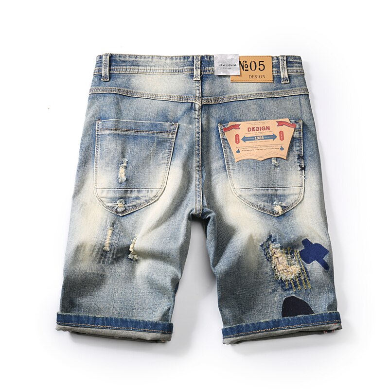 Pantalones cortos vaqueros desgastados rasgados con bordado para hombre, bermudas ahuecadas, vaqueros de mezclilla con agujeros Vintage para verano