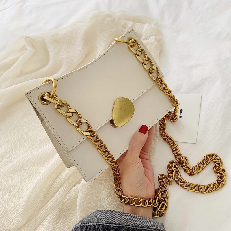 Female Flap Square Bag Leather Women's Handbag Lock Chain Shoulder Messenger Bag Bolsos Mujer: White large