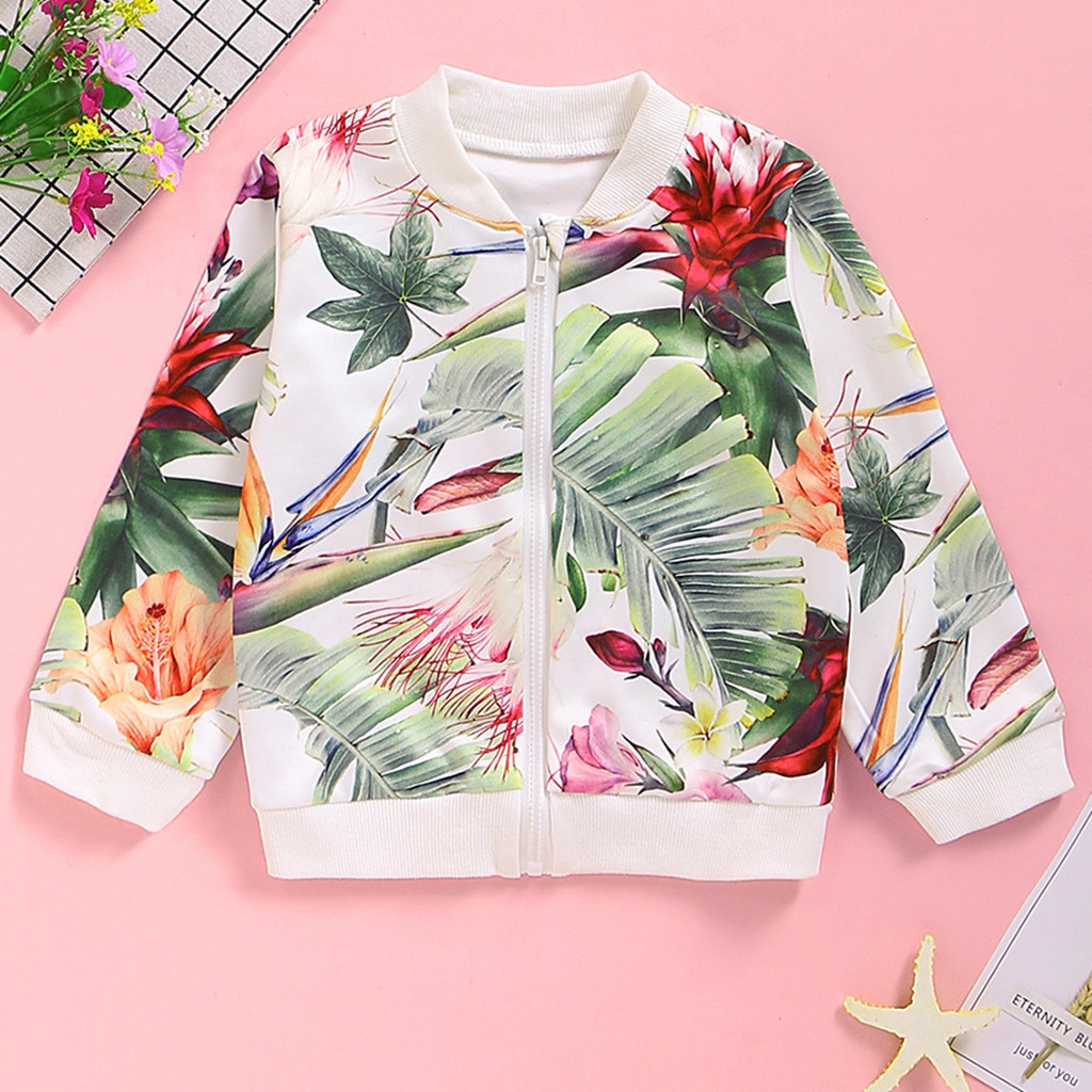 Della Ragazza di modo Giubbotti 2019 Bambini di Fiore di Stampa A Maniche Lunghe Cappotto Della Chiusura Lampo Giacca A Vento Felpe Per Le Ragazze Dei Bambini del Rivestimento di Autunno