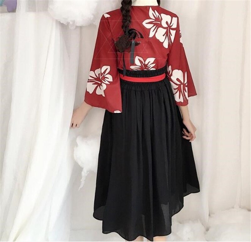 Japonais Kawaii filles Style Kimono robe pour les femmes imprimé fleuri Vintage thé fête asiatique vêtements Vestidos B287