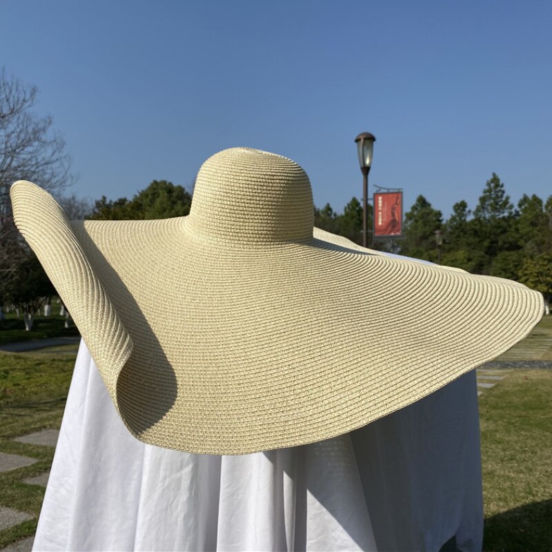 Ht3183 extra stor stor bred brättad hatt dam sommar solhatt kupol packbar solid stråhatt strandhatt kvinnlig solskydd dam floppy hatt: Beige / 30cm brädor