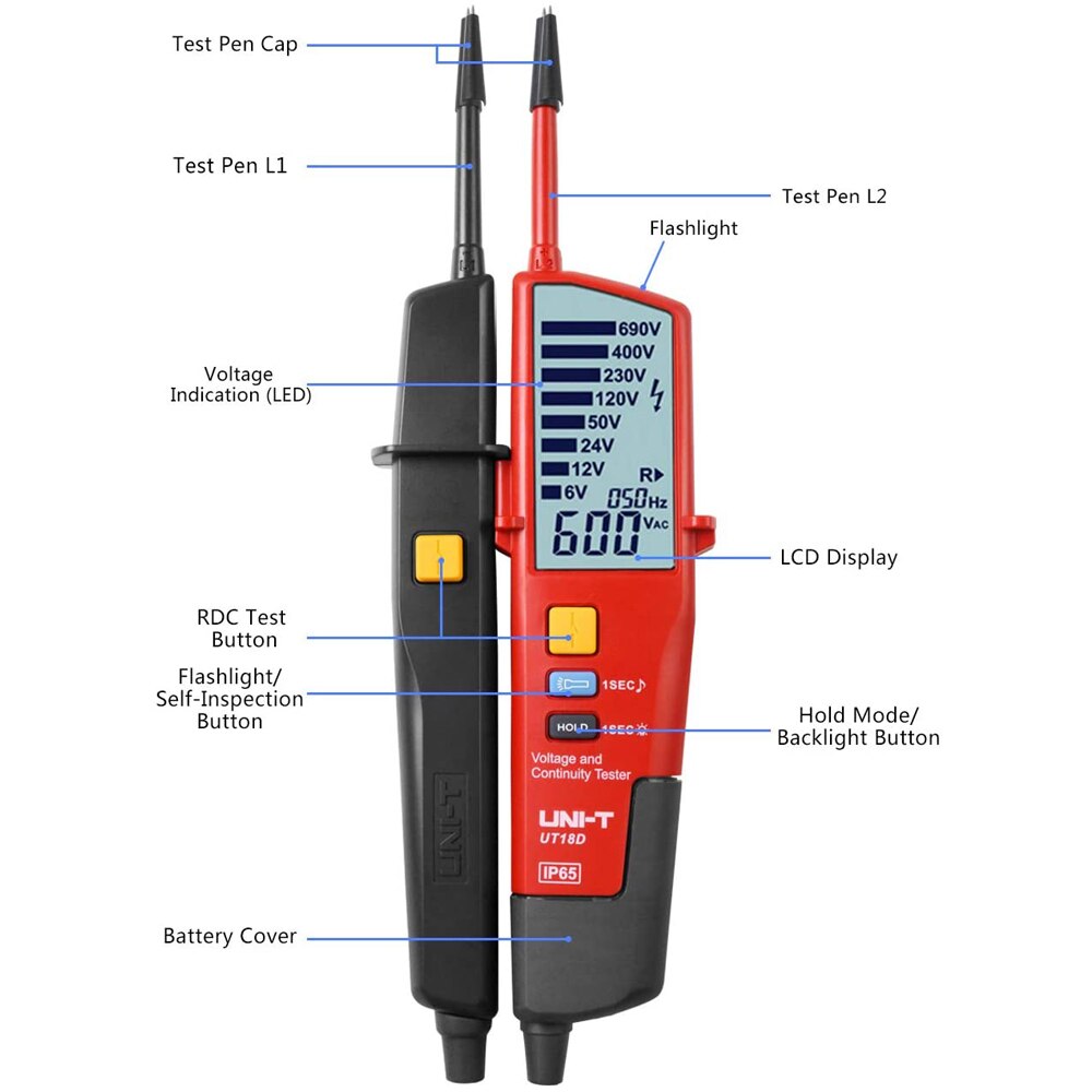 Teste de rotação da fase do teste do detector rcd da tensão e da continuidade de UNI-T ut18d tester-à prova drágua com escala do automóvel do flash