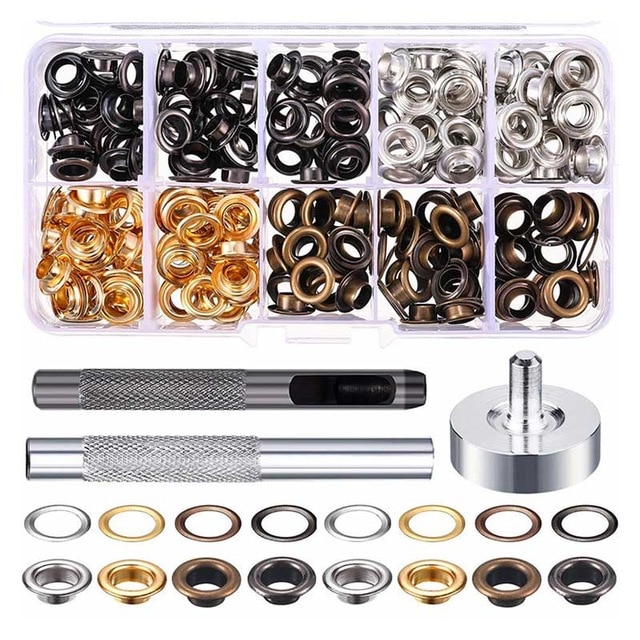 200 st genomföring metall ögla set metall knappar spännen knapphål med brickor för skor läder tyg hantverksverktyg gör-det-själv-kit: 200 st