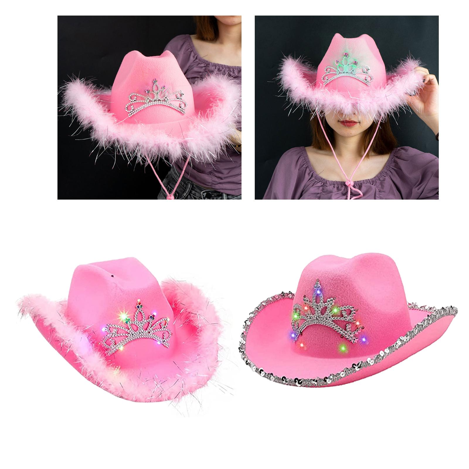 Sombrero de vaquero rosa de estilo occidental para mujer, sombrero de ala ancha deformado con decoración de lentejuelas, corona, Tiara, vaquera