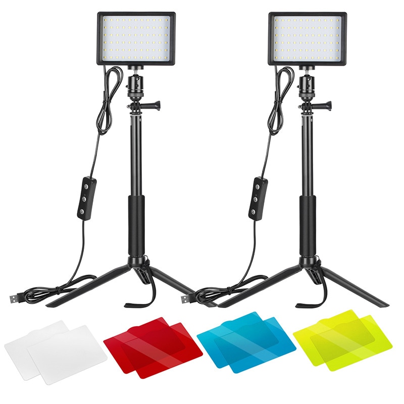 2 pakker kan dimmes 5600k usb ledet videolys med justerbart stativstativ / fargefiltre til bord- / lavvinkelfotografering
