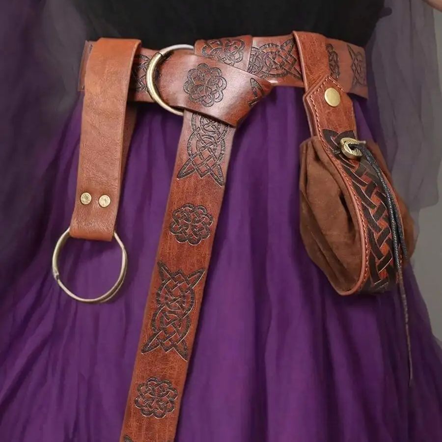 3PCS Braun PU Leder Mittelalterlichen Gürtel Und Geld Tasche Frauen Rock Wanderung Clip Für Renaissance Viking Faire LARP Cosplay kostüme: Gold