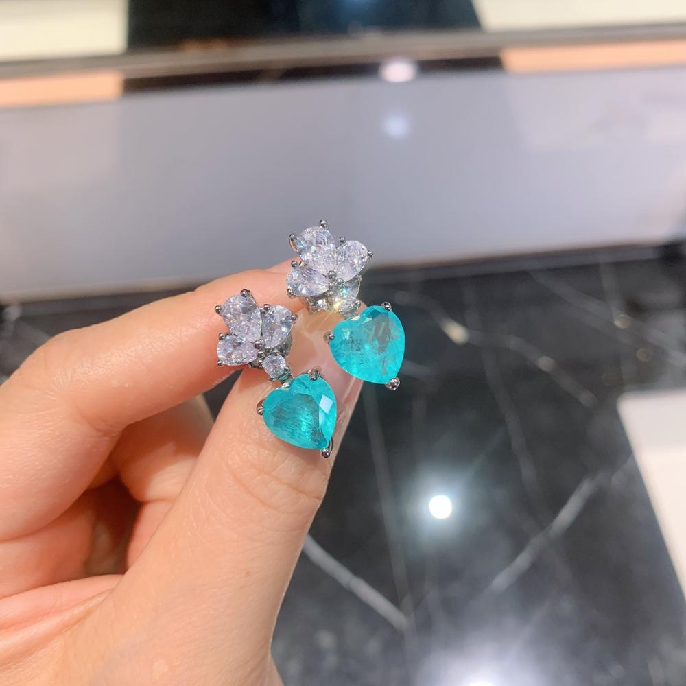 Creato Paraiba cuore Verde Smeraldo Della Pietra Preziosa Dei Monili impostato per Le Donne in Argento 925 della vite prigioniera di colore Orecchini Collane del pendente per I Regali di Nozze