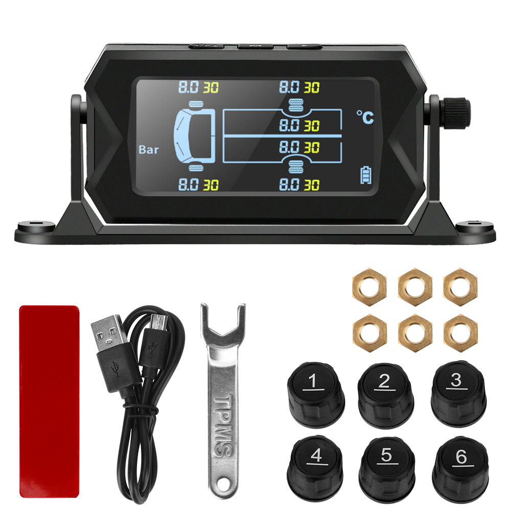 Auto Rv Truck Tpms Met 6 Externe Sensoren Draadloze Digitale Lcd Alarm Bandenspanningscontrolesysteem Solar Power &amp; Usb opladen: TPMS