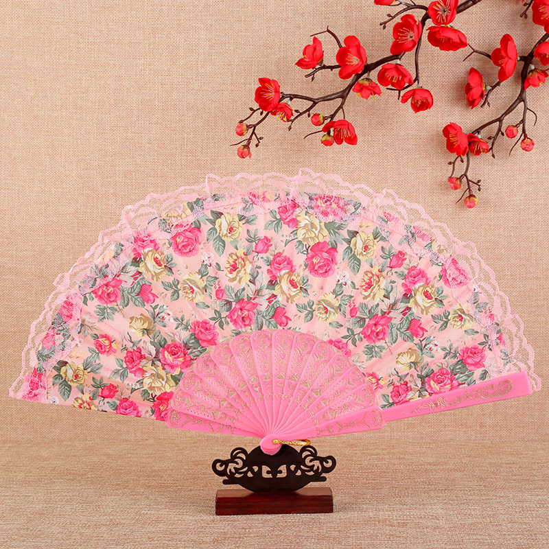 Éventail de danse pliable en plastique, tissu à fleurs de Style Vintage, classique, chinois, d'été