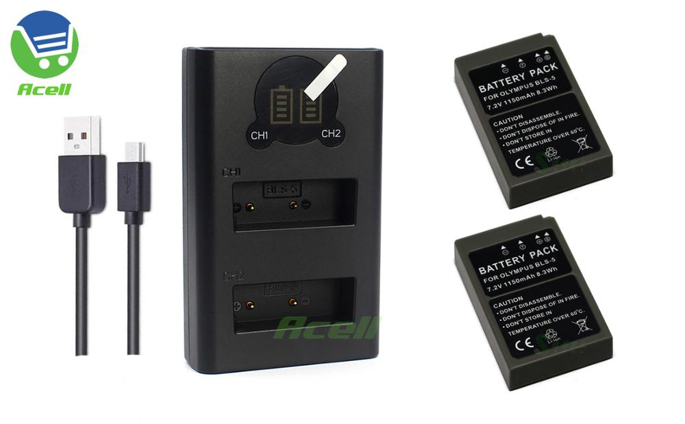 Batería de BLS-5 para cámara de BLS-50 OLYMPUS E-M5 Mark III E-PL10 E-PL9 E-PL8 E-PL7 E-PL6 E-PL3 E-PL2 E-P3 E-P2: 2Battery 1Bi-Charger