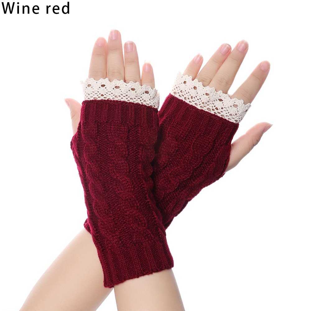 Lange fingerløse strikkede handsker kvinder vinter uldne bløde varme vanter piger blonder strikke fingerhandsker guantes: Rødvin