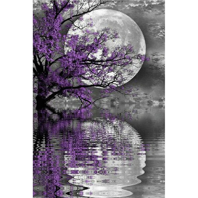 GLymg Diamond Painting Full Drill Square Waterside Scenery Moon Reflection Diamond Embroidery Rhinestones Embroidery Decor Home