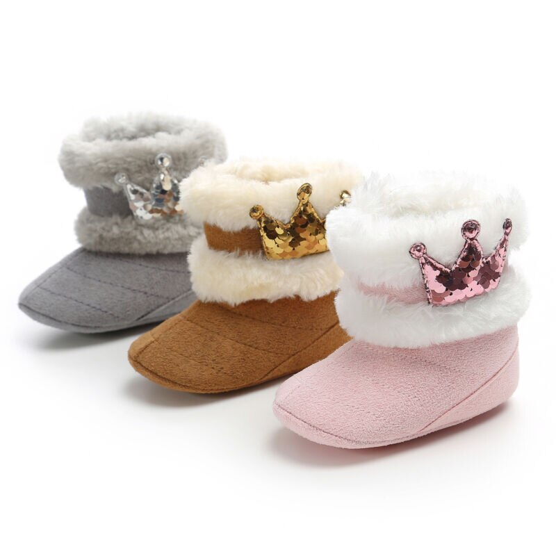 Fancy Princess Snow Boots Baby Girl Soft Plush Sequins Booties Winter Snow Boots Infant Toddler Newborn Warm Sequin Crown Shoes