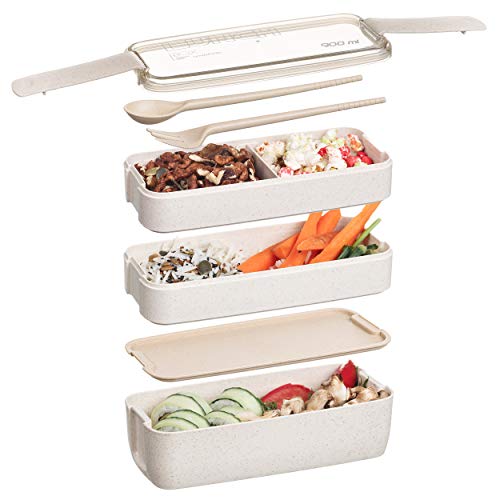 Hvedehalm japansk 3 -lags madkasse til børn sundt materiale bento-kasser mikroovn madkassesæt beholder madkasse: Beige
