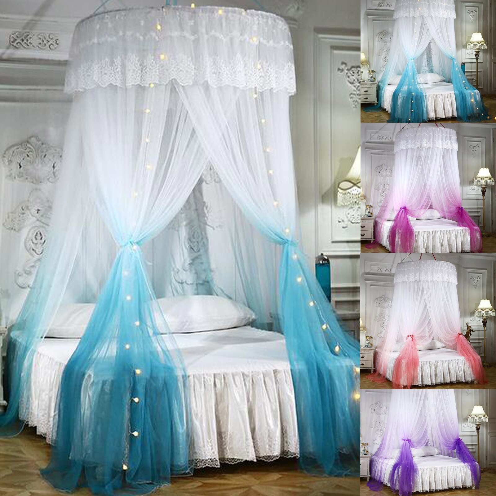 Duży romantyczny kolor gradientowa kopuła komara zasłony kopuła księżniczki z siatką moskitierą kopuła składane łóżko z baldachimem z hakiem # T2