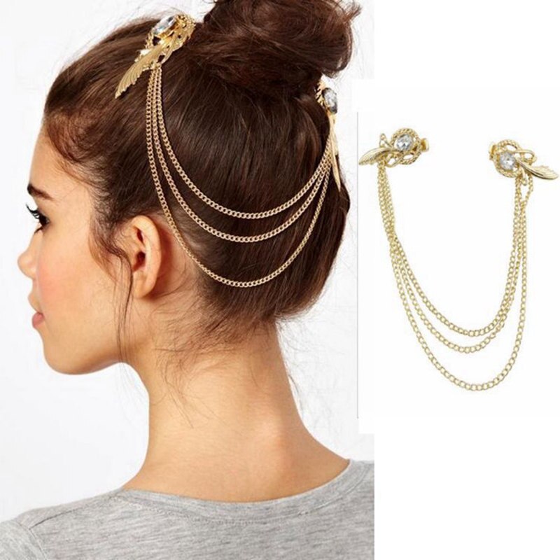 Haar Clip Pins Vrouwen Gold Plating Kwastje Hoofdbanden Head Band Sieraden Hoofddeksel Tone Crystal Feather Manchet Keten Haar Clip