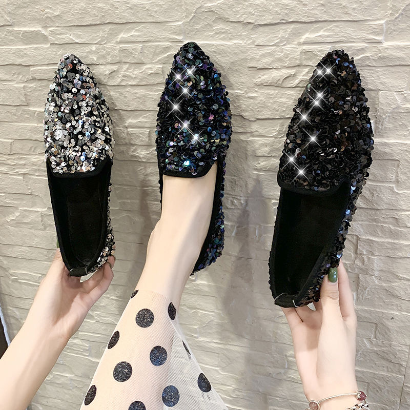 Pointed Toe Glitter Moccasins Women Shoes 35-40 Bling Loafers Espadrilles All-match Ballerina Woman Fairy Paillette Flats