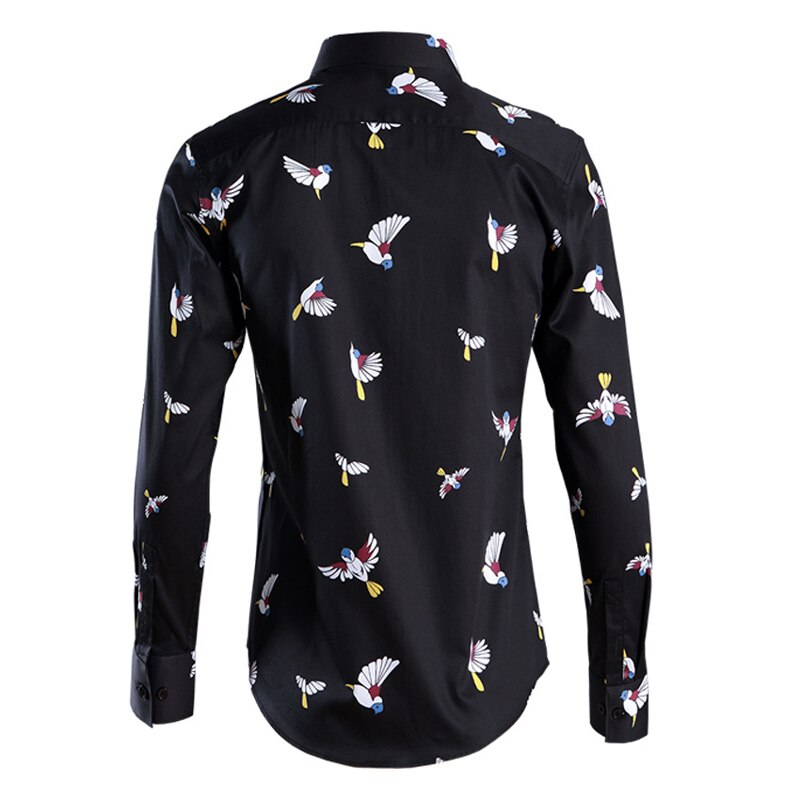 Camisa con estampado de pájaro para hombre, ropa de algodón de manga larga, ajustada, informal, de talla grande, nueva , a la ,