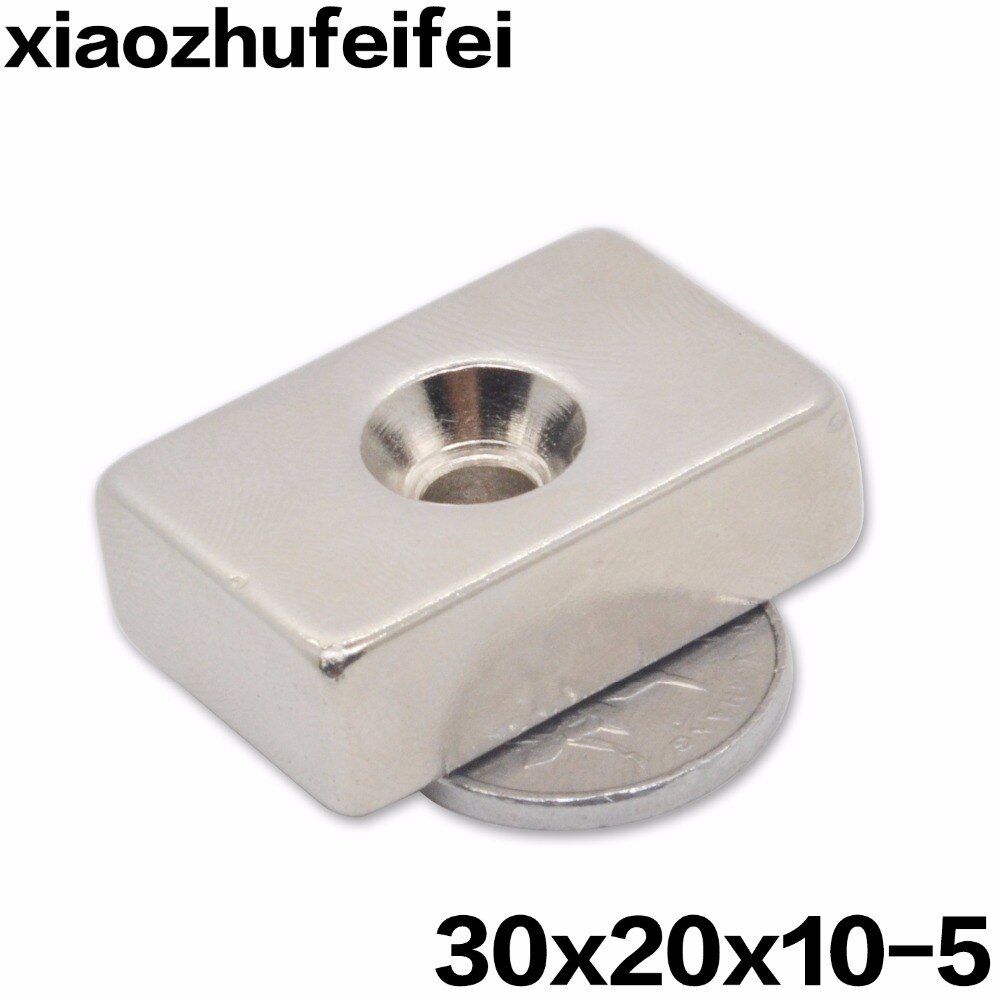 20 stks 30x20x10 NdFeB Magneet 30x20x10mm met 5mm Schroef Verzonken gat Blok N35 Neodymium Zeldzame Aarde Magneet 30*20*10-5