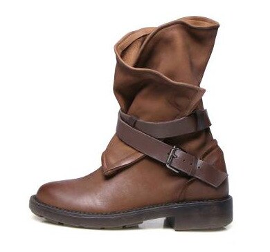 Frauen Jahrgang Mittlere Waden Stiefel Weiche Leder Schuhe Weibliche Herbst Winter Motorrad Stiefel Komfortable Frauen Botas 362: Braun / 3