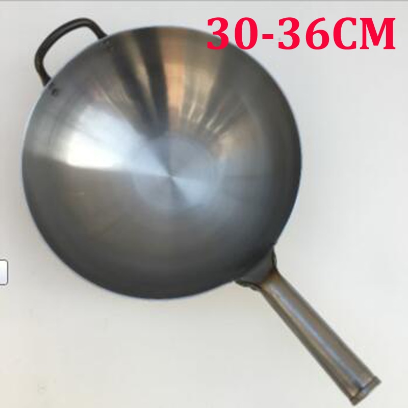 Hand Forged Iron Wok, Profession Chinese Traditional Wok Pan Household Kitchen Cookware with Wooden Handles, No Fumes, Non-Stick