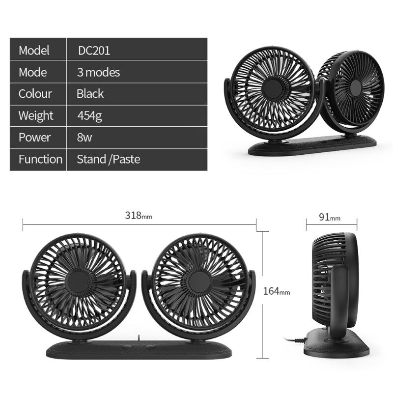 Draagbare USB Dubbelkop Autoventilator 360° Draaibaar met 3 Snelheden